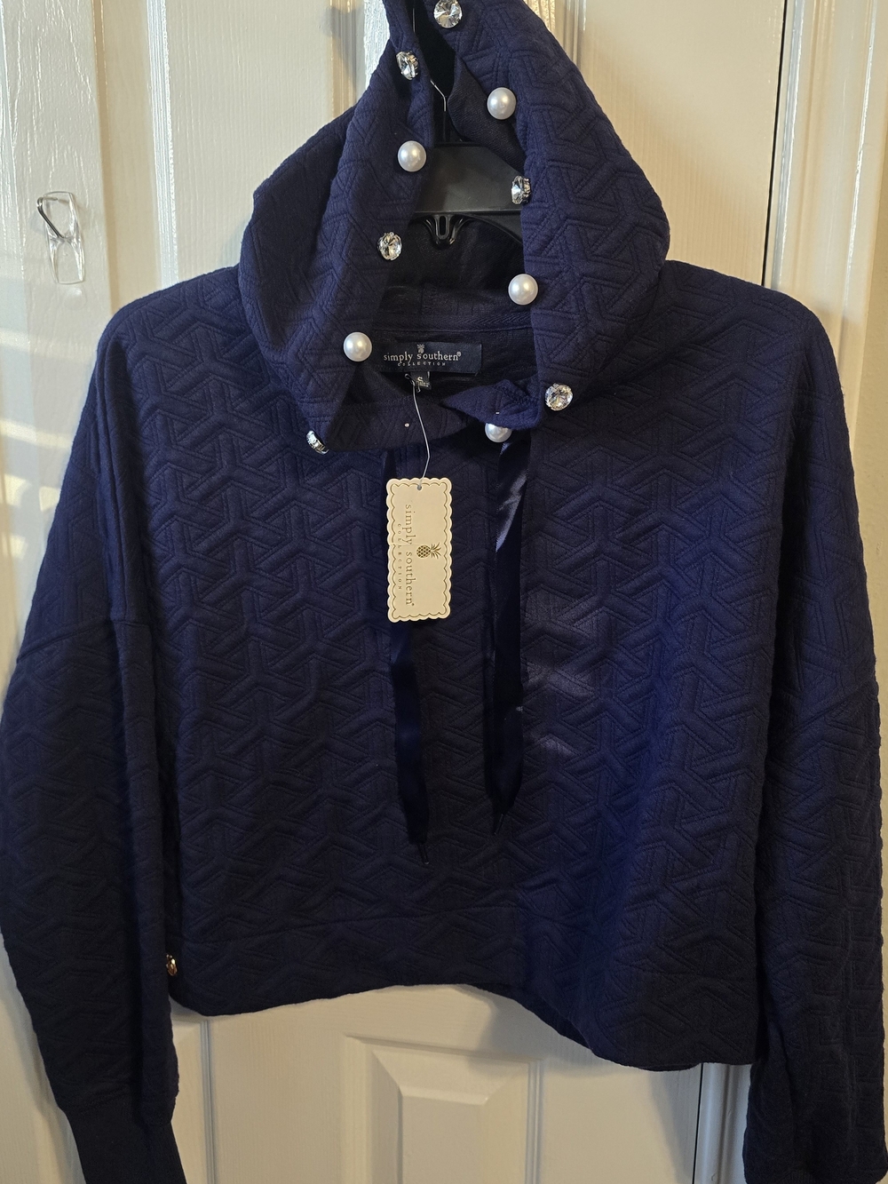 Simply Southern Navy Quilted Pullover Sweater with Pearled Hood Small NWT